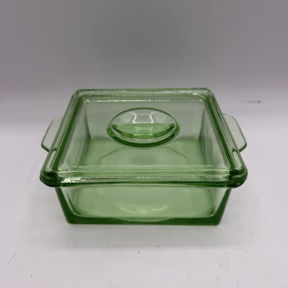 Vintage Hazel Atlas Uranium Glass Refrigerator Dish Depression w/ Lid Rectangle